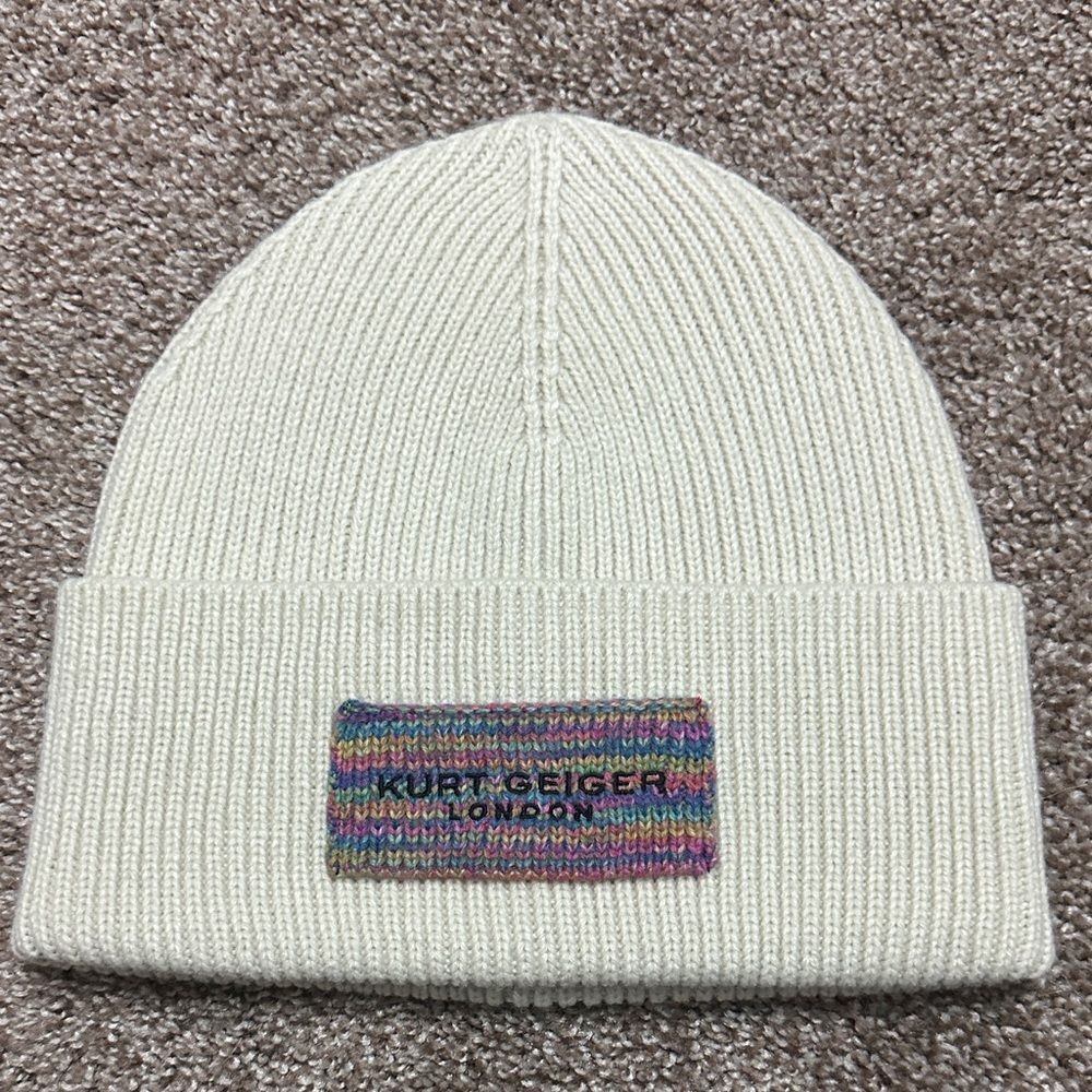 NWOT Kurt Geiger Cream Knit Beanie with Multicolor Logo Patch